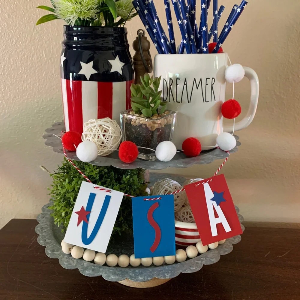 Red White felt/wool Pom Pom garland banner